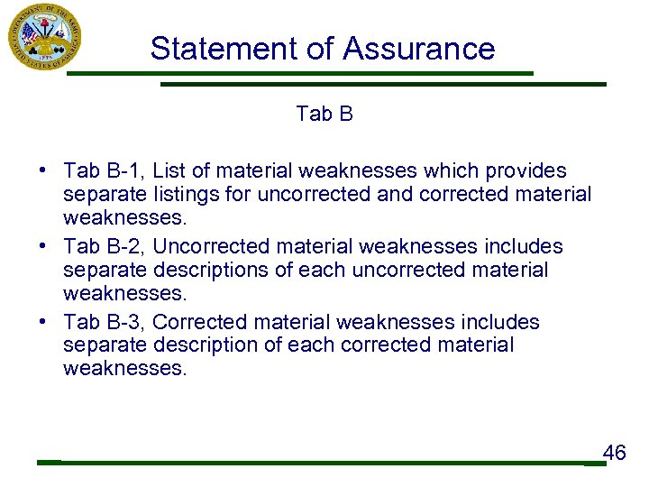 Statement of Assurance Tab B • Tab B-1, List of material weaknesses which provides