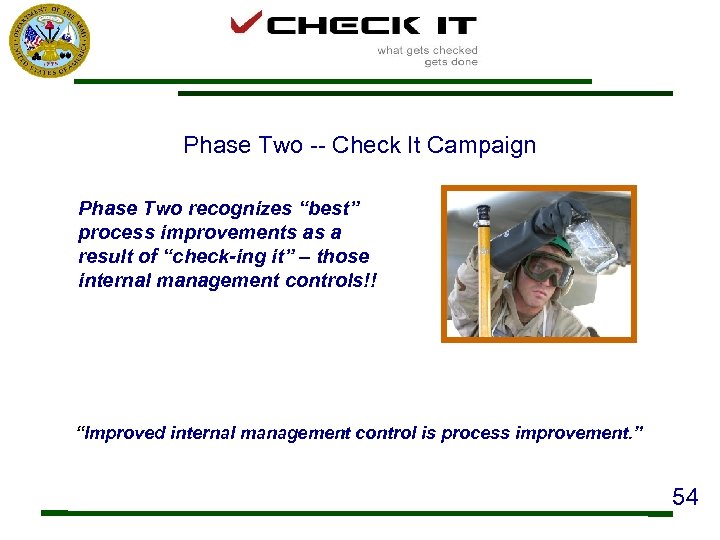 Phase Two -- Check It Campaign Phase Two recognizes “best” process improvements as a