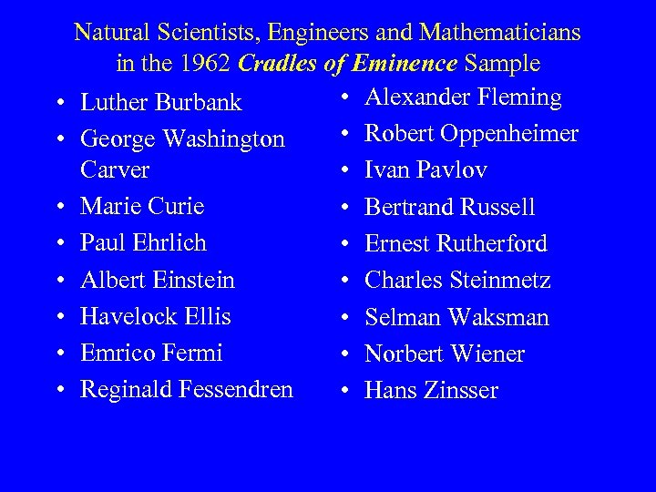  • • Natural Scientists, Engineers and Mathematicians in the 1962 Cradles of Eminence