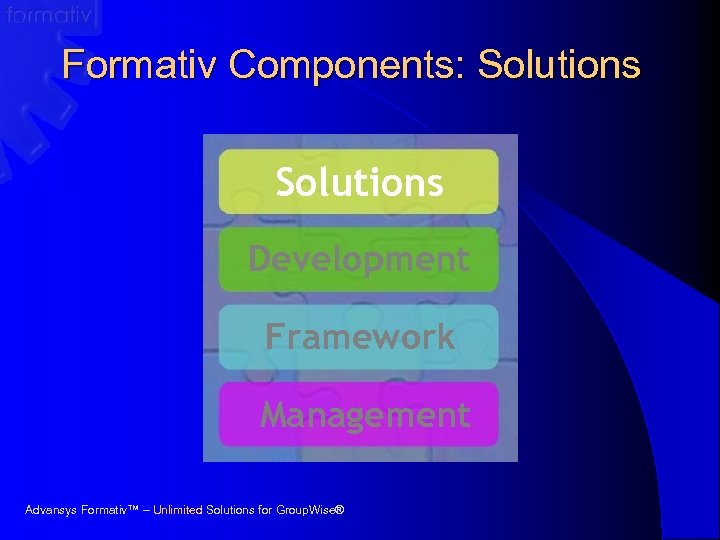 Formativ Components: Solutions Development Framework Management Advansys Formativ™ – Unlimited Solutions for Group. Wise®