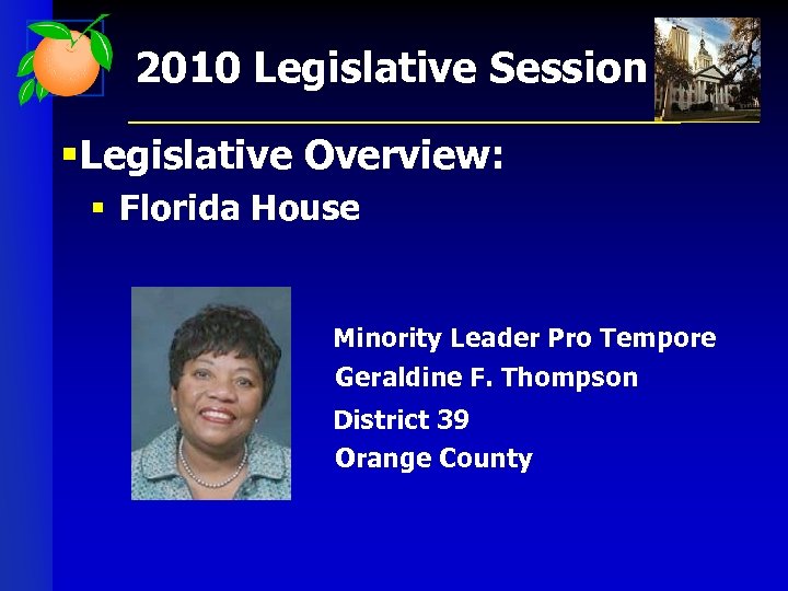 2010 Legislative Session § Legislative Overview: § Florida House Minority Leader Pro Tempore Geraldine