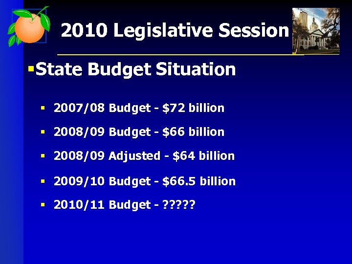 2010 Legislative Session § State Budget Situation § 2007/08 Budget - $72 billion §