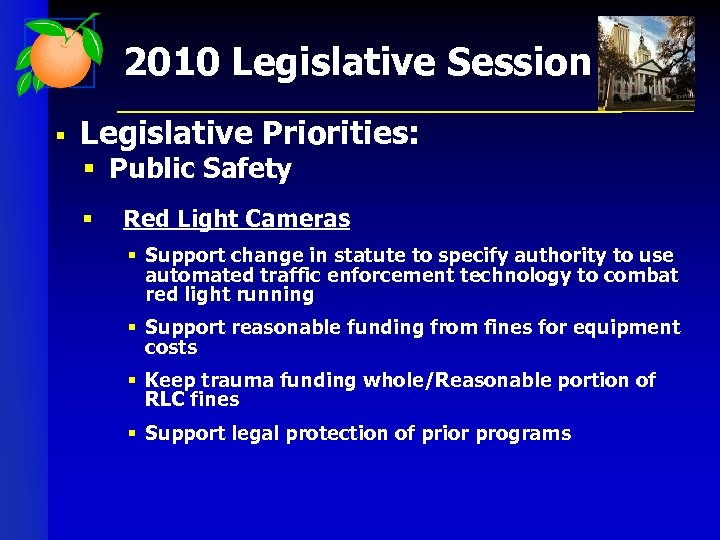 2010 Legislative Session § Legislative Priorities: § Public Safety § Red Light Cameras §