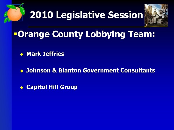 2010 Legislative Session § Orange County Lobbying Team: u Mark Jeffries u Johnson &