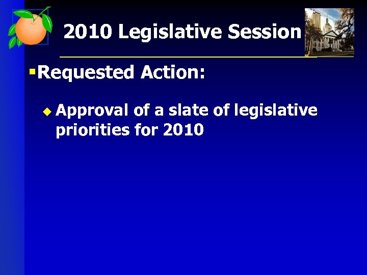 2010 Legislative Session § Requested Action: u Approval of a slate of legislative priorities