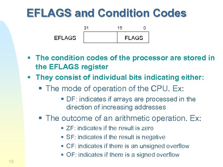 EFLAGS and Condition Codes 31 EFLAGS 15 0 FLAGS § The condition codes of