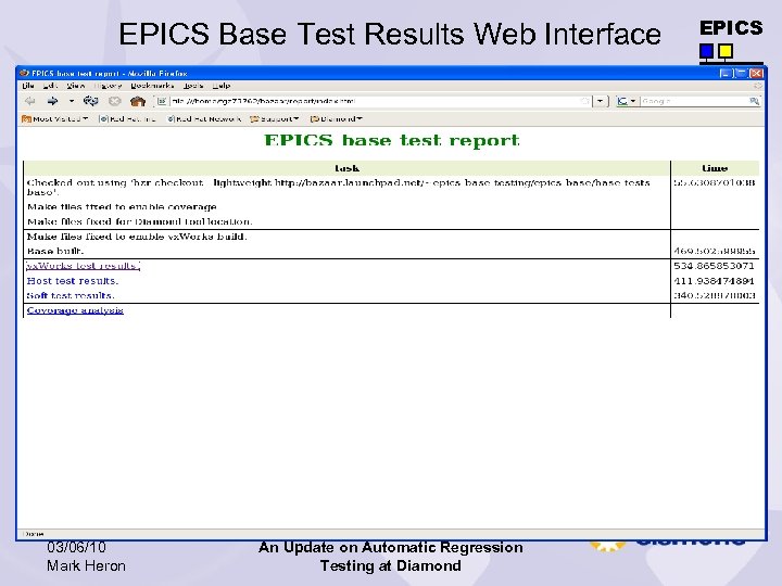 EPICS Base Test Results Web Interface 03/06/10 Mark Heron An Update on Automatic Regression