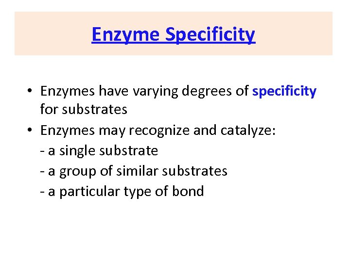 Enzyme Specificity • Enzymes have varying degrees of specificity for substrates • Enzymes may