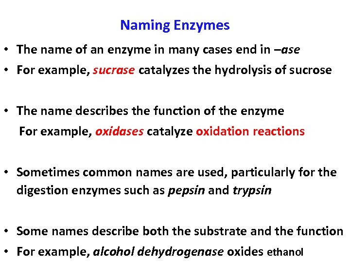 Naming Enzymes • The name of an enzyme in many cases end in –ase