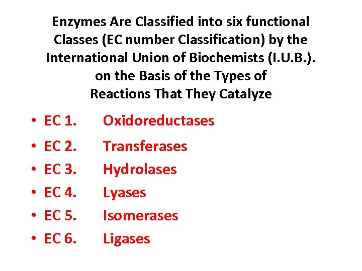 Enzymes Are Classified into six functional Classes (EC number Classification) by the International Union