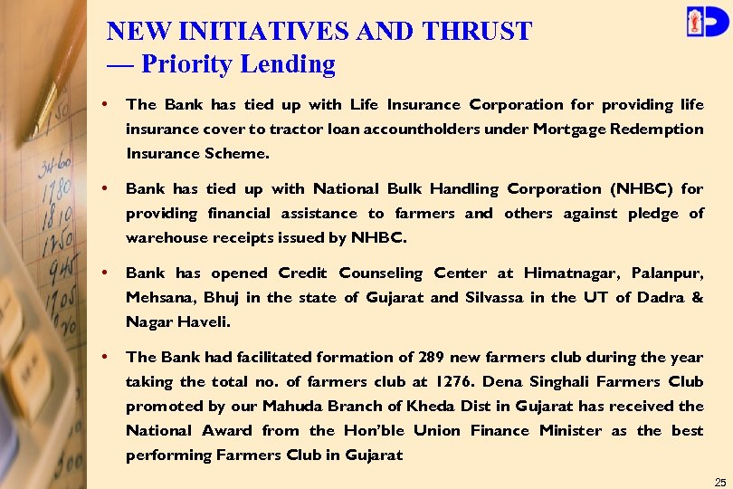 NEW INITIATIVES AND THRUST — Priority Lending • The Bank has tied up with