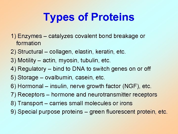 Types of Proteins 1) Enzymes – catalyzes covalent bond breakage or formation 2) Structural