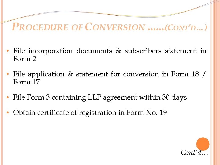 PROCEDURE OF CONVERSION. . . . ONT’D…) (C • File incorporation documents & subscribers