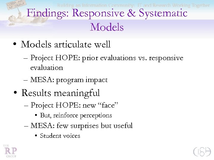 Findings: Responsive & Systematic Models • Models articulate well – Project HOPE: prior evaluations