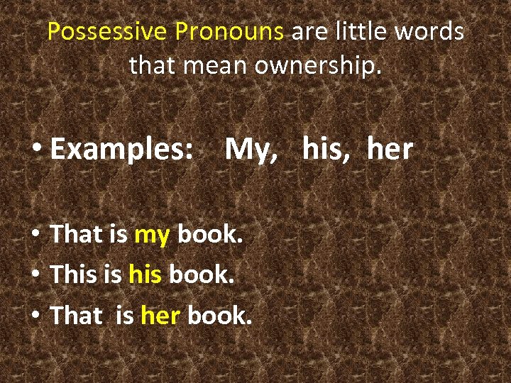 Possessive Pronouns are little words that mean ownership. • Examples: My, his, her •