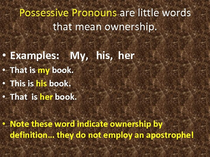 Possessive Pronouns are little words that mean ownership. • Examples: My, his, her •