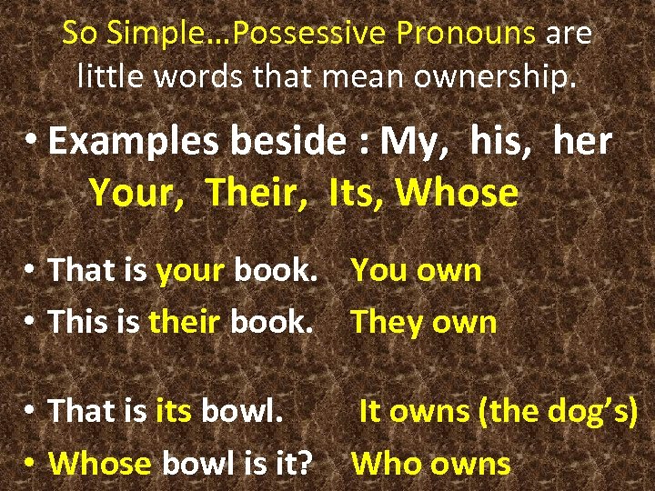 So Simple…Possessive Pronouns are little words that mean ownership. • Examples beside : My,