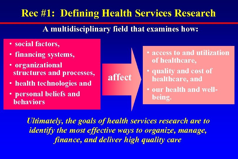 Rec #1: Defining Health Services Research A multidisciplinary field that examines how: • social
