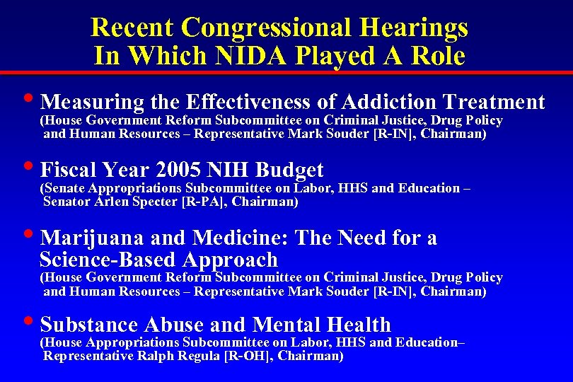 Recent Congressional Hearings In Which NIDA Played A Role • Measuring the Effectivenessonof Addiction.