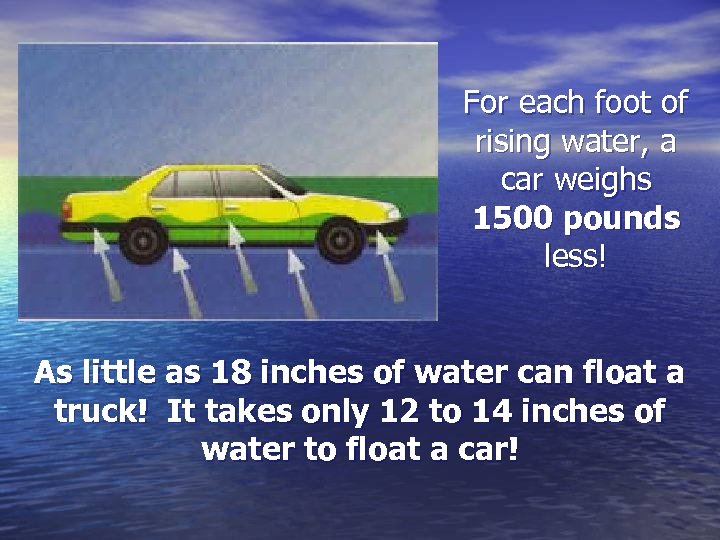 For each foot of rising water, a car weighs 1500 pounds less! As little