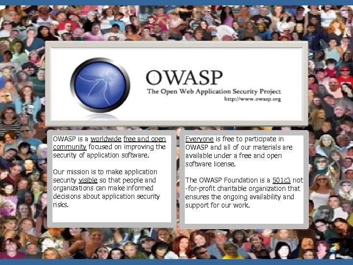 OWASP World OWASP is a worldwide free and open community focused on improving the