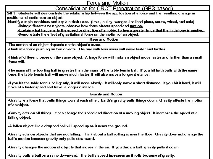 Force and Motion Consolidation for CRCT Preparation (GPS based) S 4 P 3. Students