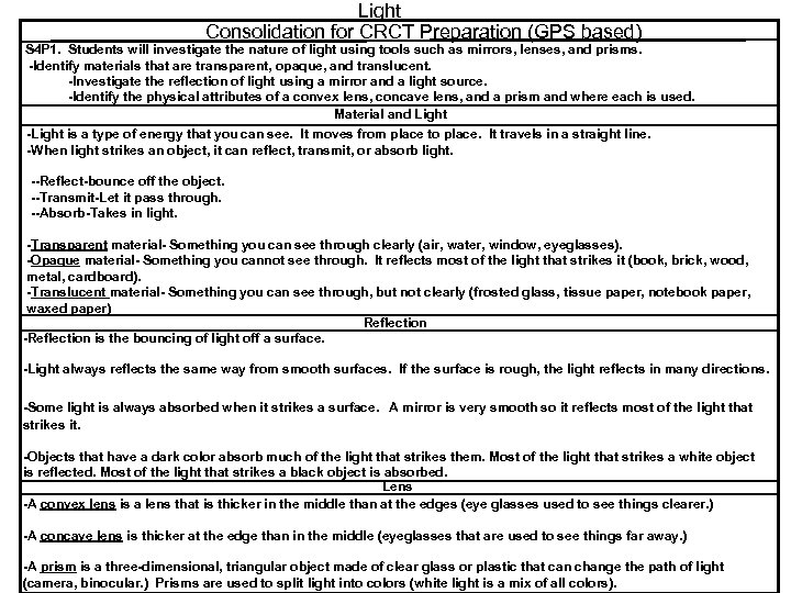 Light Consolidation for CRCT Preparation (GPS based) S 4 P 1. Students will investigate