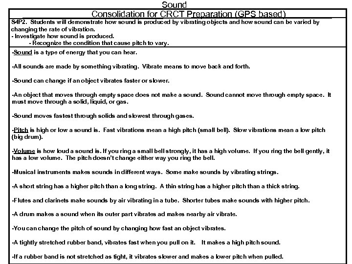 Sound Consolidation for CRCT Preparation (GPS based) S 4 P 2. Students will demonstrate