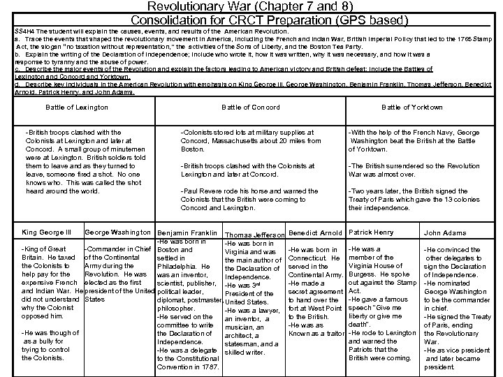 Revolutionary War (Chapter 7 and 8) Consolidation for CRCT Preparation (GPS based) SS 4