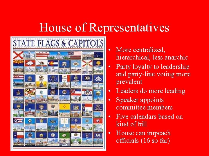 House of Representatives • More centralized, hierarchical, less anarchic • Party loyalty to leadership
