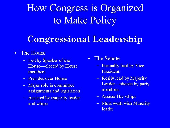 How Congress is Organized to Make Policy Congressional Leadership • The House – Led