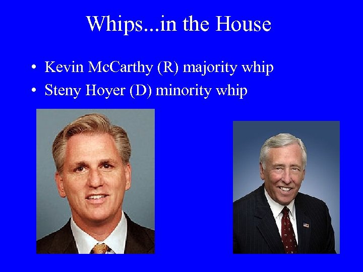 Whips. . . in the House • Kevin Mc. Carthy (R) majority whip •