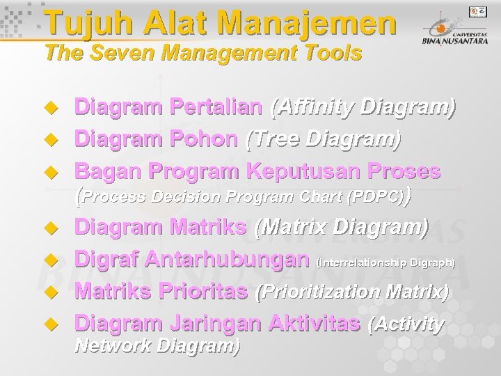 Tujuh Alat Manajemen The Seven Management Tools u u u u Diagram Pertalian (Affinity