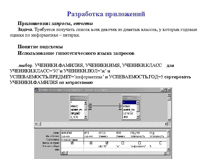 Разработка приложений Приложения: запросы, отчеты Задача. Требуется получить список всех девочек из девятых классов,