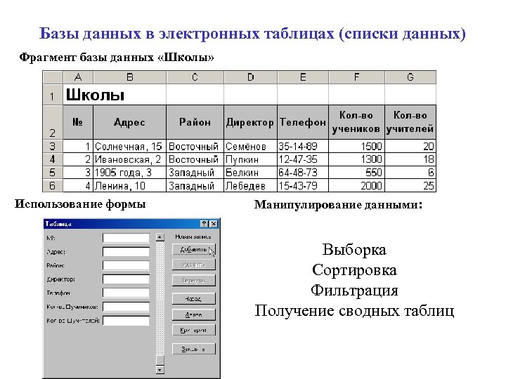 Базы данных в электронных таблицах (списки данных) Фрагмент базы данных «Школы» Использование формы Манипулирование