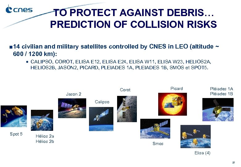 TO PROTECT AGAINST DEBRIS… PREDICTION OF COLLISION RISKS ■ 14 civilian and military satellites