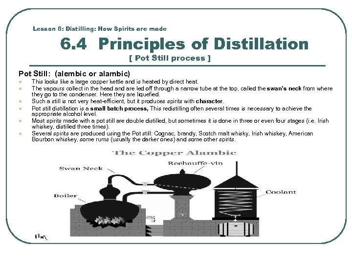 Lesson 6: Distilling: How Spirits are made 6. 4 Principles of Distillation [ Pot