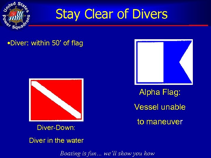 Stay Clear of Divers • Diver: within 50’ of flag Alpha Flag: Vessel unable