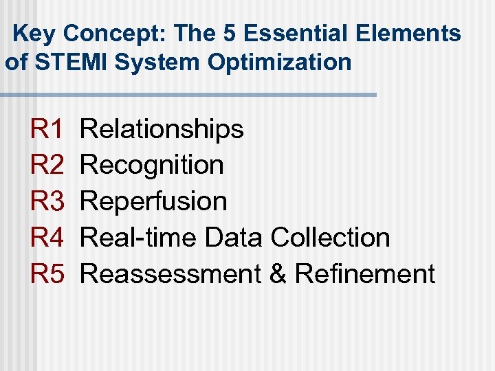 Key Concept: The 5 Essential Elements of STEMI System Optimization R 1 R 2