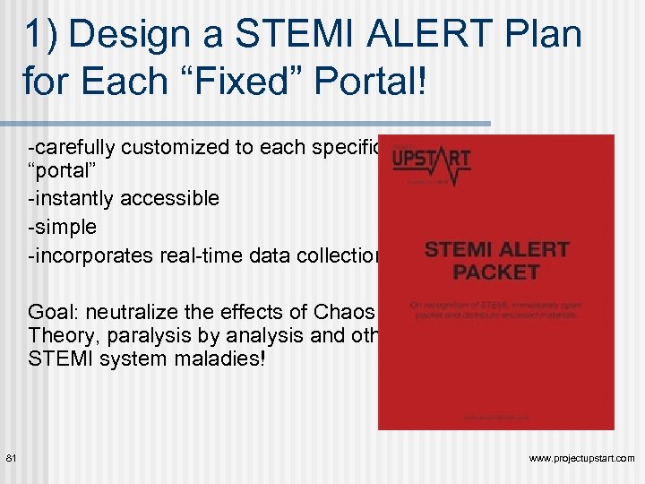 1) Design a STEMI ALERT Plan for Each “Fixed” Portal! -carefully customized to each