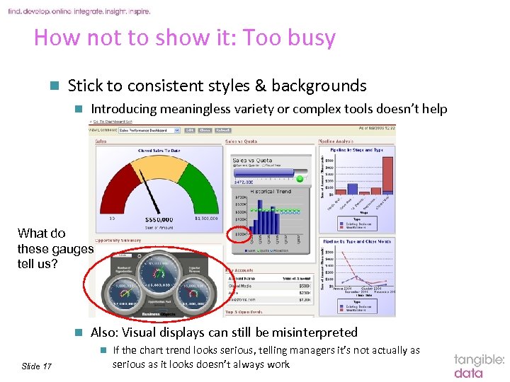 How not to show it: Too busy n Stick to consistent styles & backgrounds