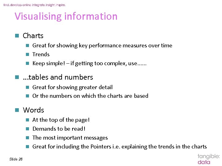 Visualising information n Charts Great for showing key performance measures over time n Trends