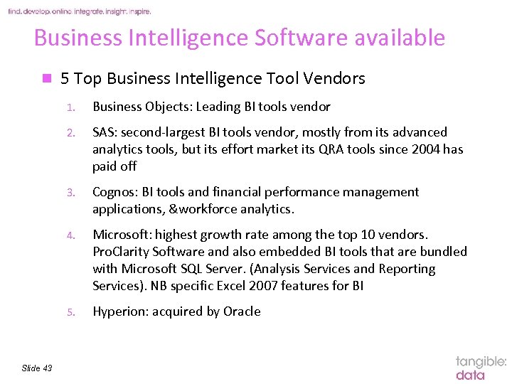 Business Intelligence Software available n 5 Top Business Intelligence Tool Vendors 1. 2. SAS: