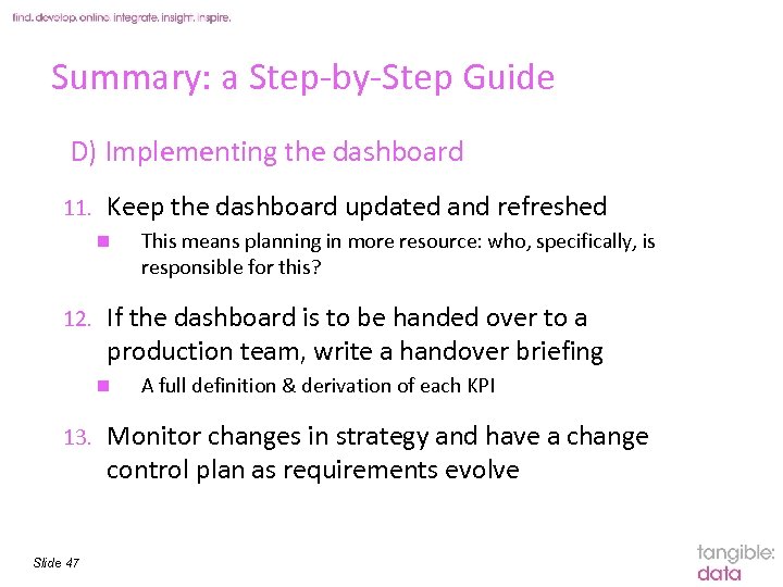 Summary: a Step-by-Step Guide D) Implementing the dashboard 11. Keep the dashboard updated and