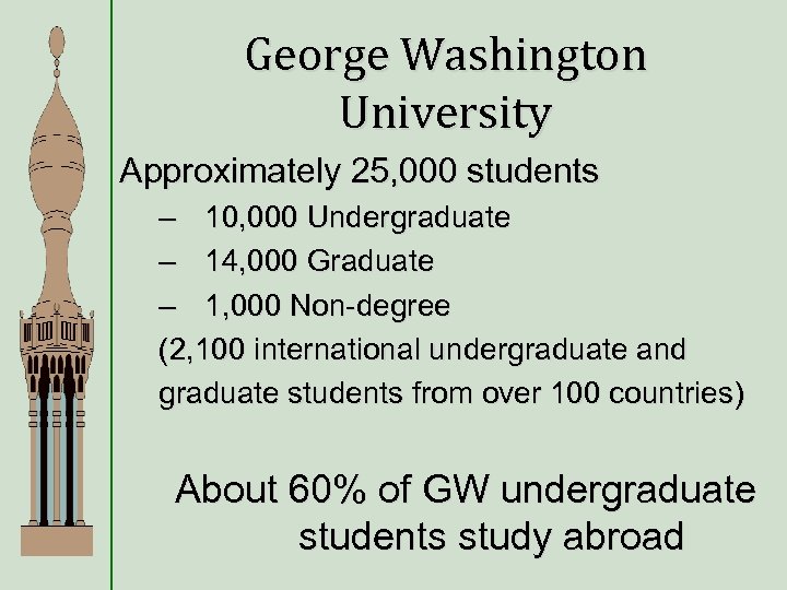 George Washington University Approximately 25, 000 students – 10, 000 Undergraduate – 14, 000