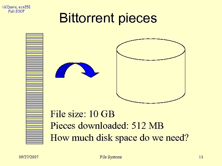 UCDavis, ecs 251 Fall 2007 Bittorrent pieces File size: 10 GB Pieces downloaded: 512