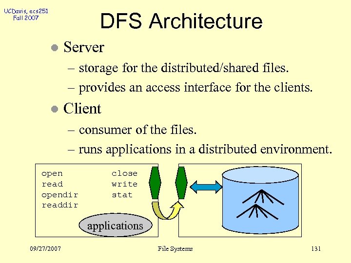 UCDavis, ecs 251 Fall 2007 DFS Architecture l Server – storage for the distributed/shared