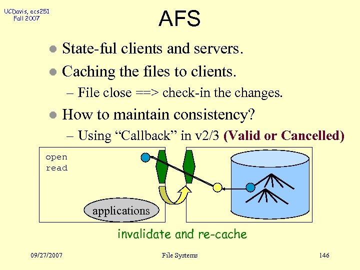 AFS UCDavis, ecs 251 Fall 2007 State-ful clients and servers. l Caching the files