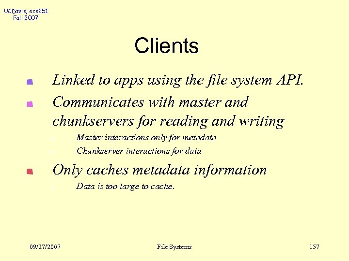 UCDavis, ecs 251 Fall 2007 Clients Linked to apps using the file system API.