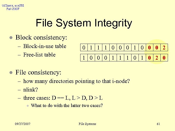 UCDavis, ecs 251 Fall 2007 File System Integrity l Block consistency: – Block-in-use table